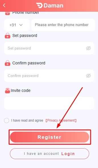 Click on the Daman Game register button